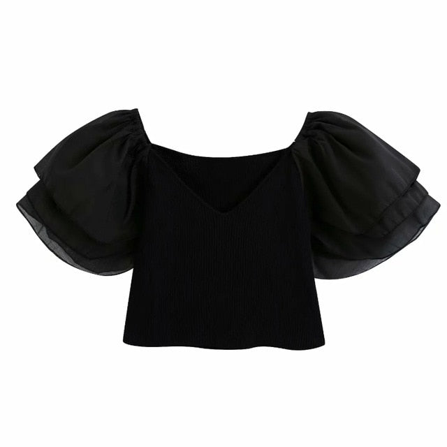 Women V Neck Puff Sleeve Patchwork Knitted Shirt Chic Ladies Ruffles