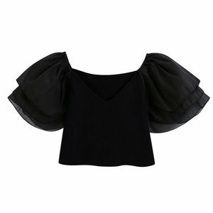 Women V Neck Puff Sleeve Patchwork Knitted Shirt Chic Ladies Ruffles