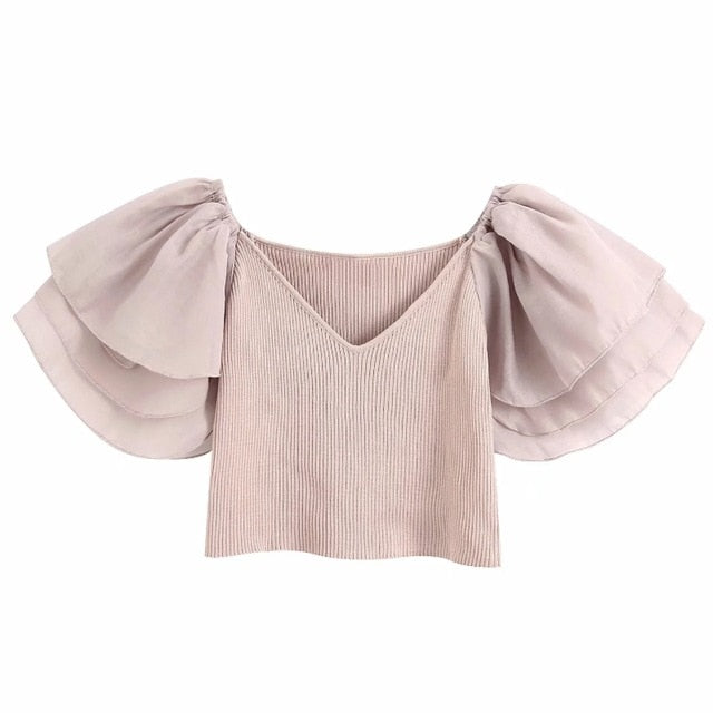 Women V Neck Puff Sleeve Patchwork Knitted Shirt Chic Ladies Ruffles