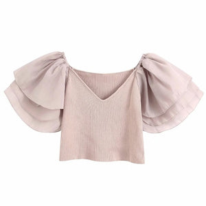 Women V Neck Puff Sleeve Patchwork Knitted Shirt Chic Ladies Ruffles