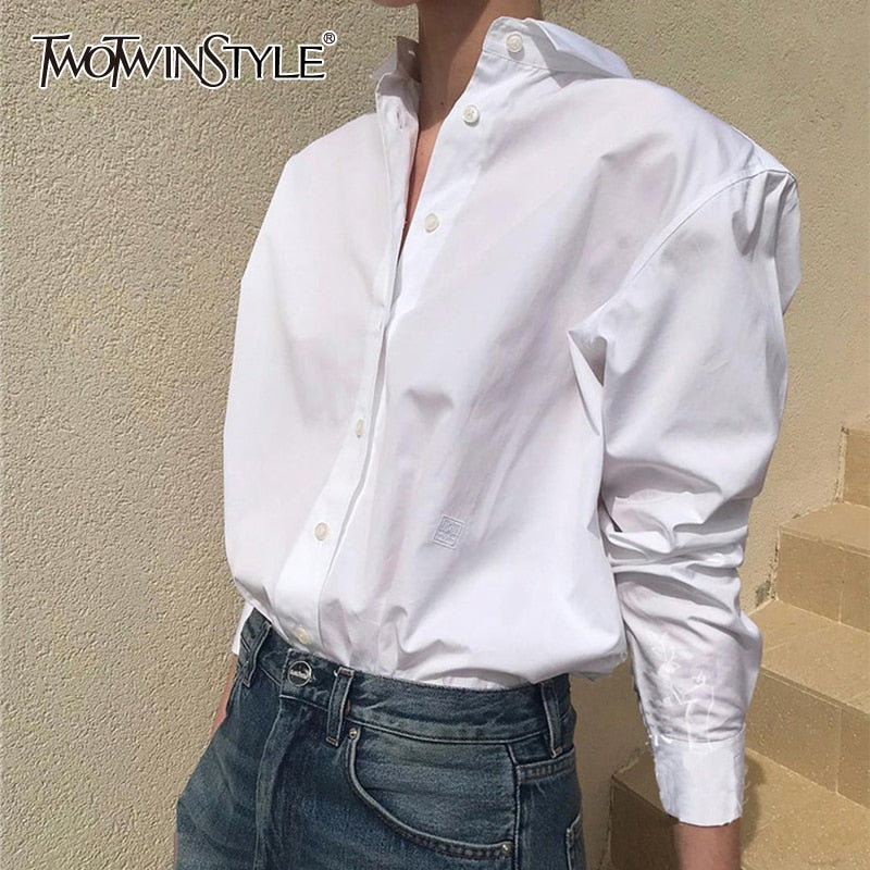 TWOTWINSTYLE Casual Loose Women Blouses Lapel Collar Puff Long Sleeve Elegant Shirt For Female Fashion 2020 Spring Clothing Tide