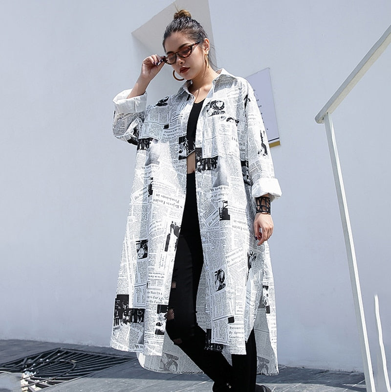 Spring Autumn  Lapel Long Sleeve White Printed Loose Irregular Big Size Long Shirt Women Blouse Fashion Tide