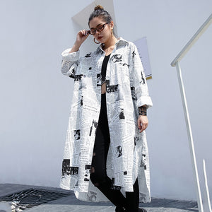 Spring Autumn  Lapel Long Sleeve White Printed Loose Irregular Big Size Long Shirt Women Blouse Fashion Tide