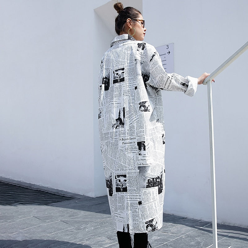 Spring Autumn  Lapel Long Sleeve White Printed Loose Irregular Big Size Long Shirt Women Blouse Fashion Tide