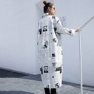 Spring Autumn  Lapel Long Sleeve White Printed Loose Irregular Big Size Long Shirt Women Blouse Fashion Tide