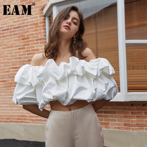 Women White Ruffles Split Joint Blouse New Slash Neck Short Sleeve Loose Fit Shirt
