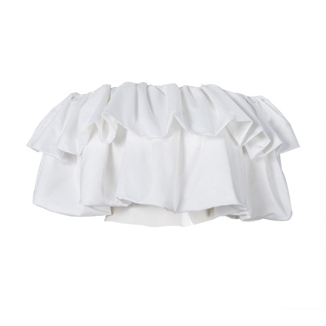 Women White Ruffles Split Joint Blouse New Slash Neck Short Sleeve Loose Fit Shirt