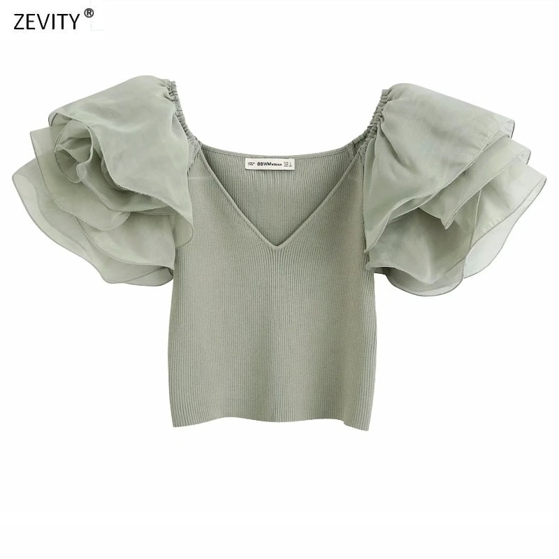 Women V Neck Puff Sleeve Patchwork Knitted Shirt Chic Ladies Ruffles