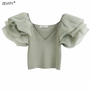 Women V Neck Puff Sleeve Patchwork Knitted Shirt Chic Ladies Ruffles