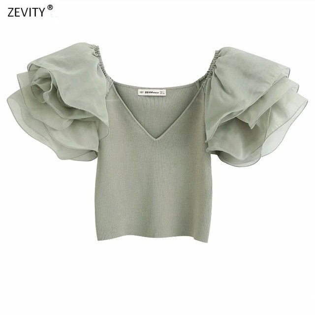 Women V Neck Puff Sleeve Patchwork Knitted Shirt Chic Ladies Ruffles