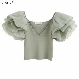 Women V Neck Puff Sleeve Patchwork Knitted Shirt Chic Ladies Ruffles