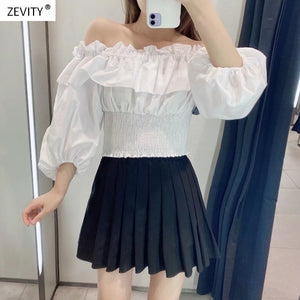 New 2020 women off shoulder ruffles strethcy white smock blouse office ladies lantern sleeve slim shirts chic blusas tops LS6759