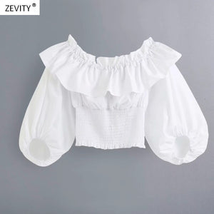 New 2020 women off shoulder ruffles strethcy white smock blouse office ladies lantern sleeve slim shirts chic blusas tops LS6759
