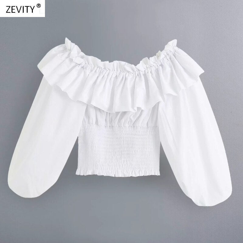 New 2020 women off shoulder ruffles strethcy white smock blouse office ladies lantern sleeve slim shirts chic blusas tops LS6759