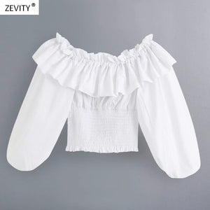 New 2020 women off shoulder ruffles strethcy white smock blouse office ladies lantern sleeve slim shirts chic blusas tops LS6759