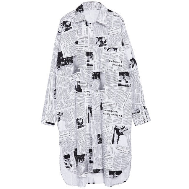 Spring Autumn  Lapel Long Sleeve White Printed Loose Irregular Big Size Long Shirt Women Blouse Fashion Tide