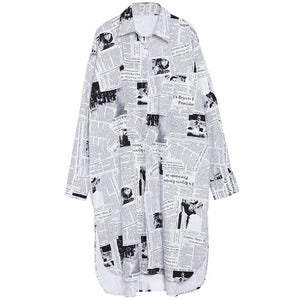 Spring Autumn  Lapel Long Sleeve White Printed Loose Irregular Big Size Long Shirt Women Blouse Fashion Tide