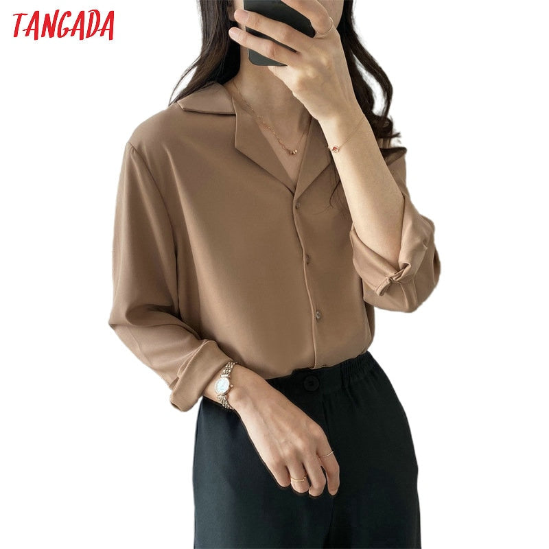 Tangada Women Elegant Basic Khaki Shirts Long Sleeve Solid Office Ladies Work Wear Blouses