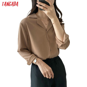 Tangada Women Elegant Basic Khaki Shirts Long Sleeve Solid Office Ladies Work Wear Blouses