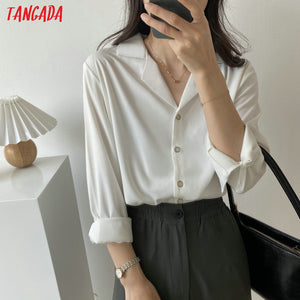 Tangada Women Elegant Basic Khaki Shirts Long Sleeve Solid Office Ladies Work Wear Blouses