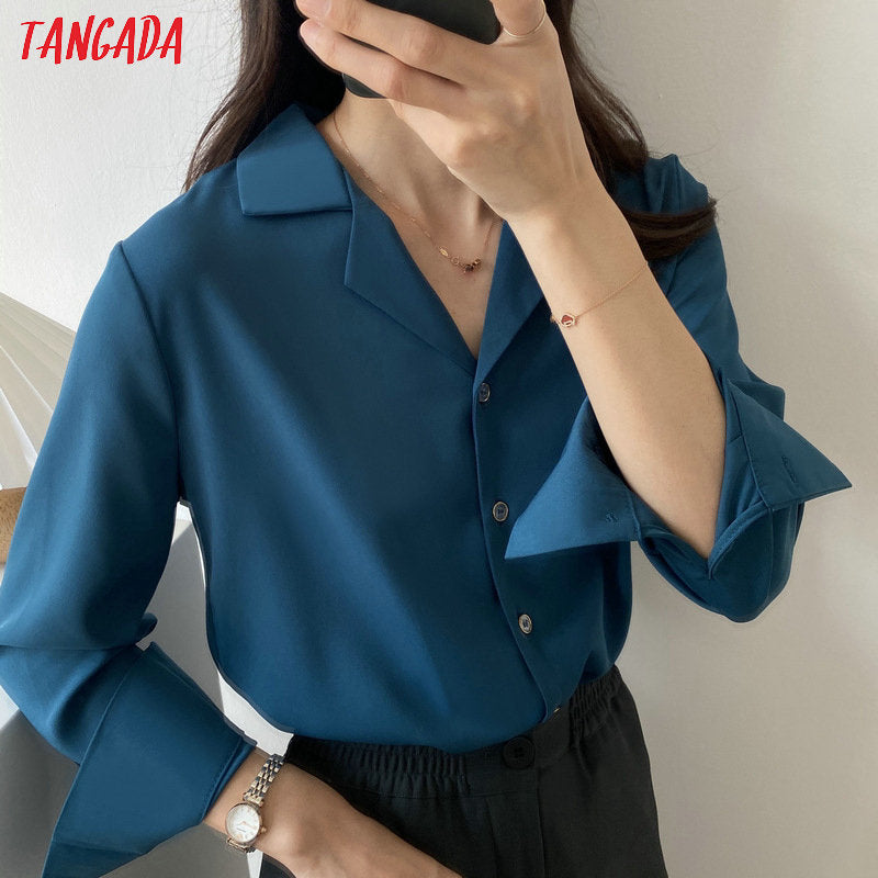 Tangada Women Elegant Basic Khaki Shirts Long Sleeve Solid Office Ladies Work Wear Blouses