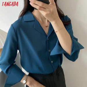 Tangada Women Elegant Basic Khaki Shirts Long Sleeve Solid Office Ladies Work Wear Blouses