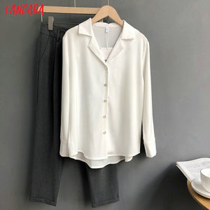 Tangada Women Elegant Basic Khaki Shirts Long Sleeve Solid Office Ladies Work Wear Blouses
