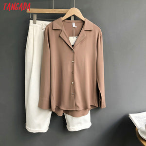 Tangada Women Elegant Basic Khaki Shirts Long Sleeve Solid Office Ladies Work Wear Blouses