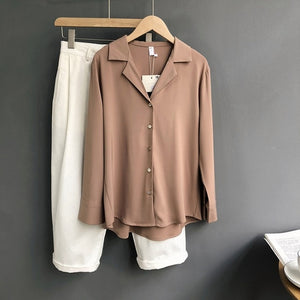 Tangada Women Elegant Basic Khaki Shirts Long Sleeve Solid Office Ladies Work Wear Blouses