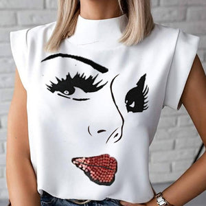 Elegant Red Lips Printed Shirts Blouse Women O Neck Short Sleeve Basic Tops Summer Casual Female Pullover Shirt Blusa Streetwear