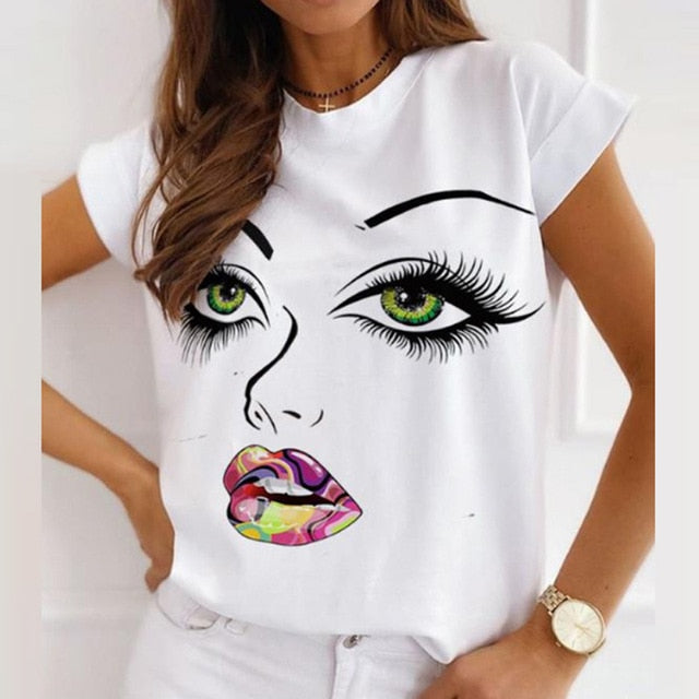 Elegant Red Lips Printed Shirts Blouse Women O Neck Short Sleeve Basic Tops Summer Casual Female Pullover Shirt Blusa Streetwear