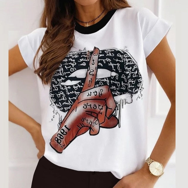 Elegant Red Lips Printed Shirts Blouse Women O Neck Short Sleeve Basic Tops Summer Casual Female Pullover Shirt Blusa Streetwear