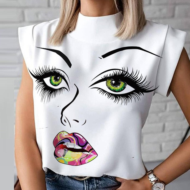 Elegant Red Lips Printed Shirts Blouse Women O Neck Short Sleeve Basic Tops Summer Casual Female Pullover Shirt Blusa Streetwear