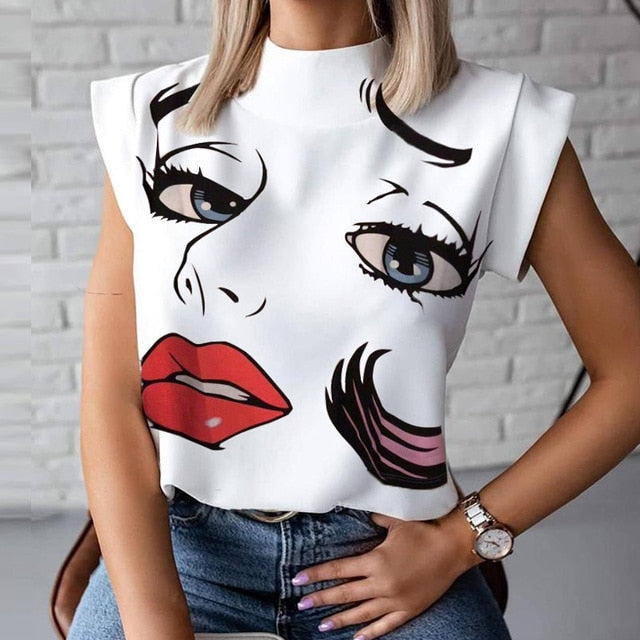 Elegant Red Lips Printed Shirts Blouse Women O Neck Short Sleeve Basic Tops Summer Casual Female Pullover Shirt Blusa Streetwear