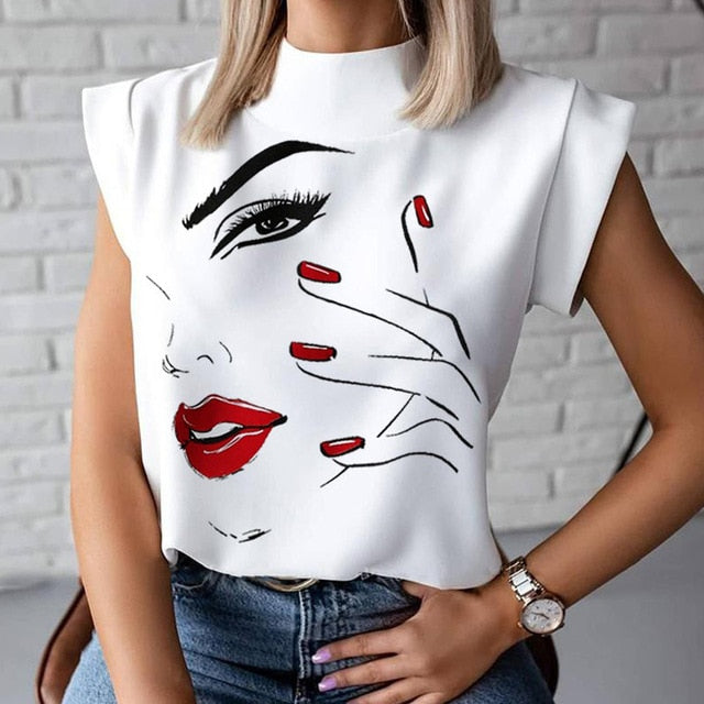 Elegant Red Lips Printed Shirts Blouse Women O Neck Short Sleeve Basic Tops Summer Casual Female Pullover Shirt Blusa Streetwear