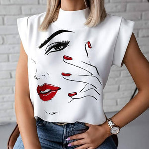 Elegant Red Lips Printed Shirts Blouse Women O Neck Short Sleeve Basic Tops Summer Casual Female Pullover Shirt Blusa Streetwear