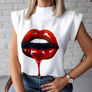 Elegant Red Lips Printed Shirts Blouse Women O Neck Short Sleeve Basic Tops Summer Casual Female Pullover Shirt Blusa Streetwear