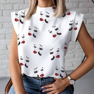 Elegant Red Lips Printed Shirts Blouse Women O Neck Short Sleeve Basic Tops Summer Casual Female Pullover Shirt Blusa Streetwear