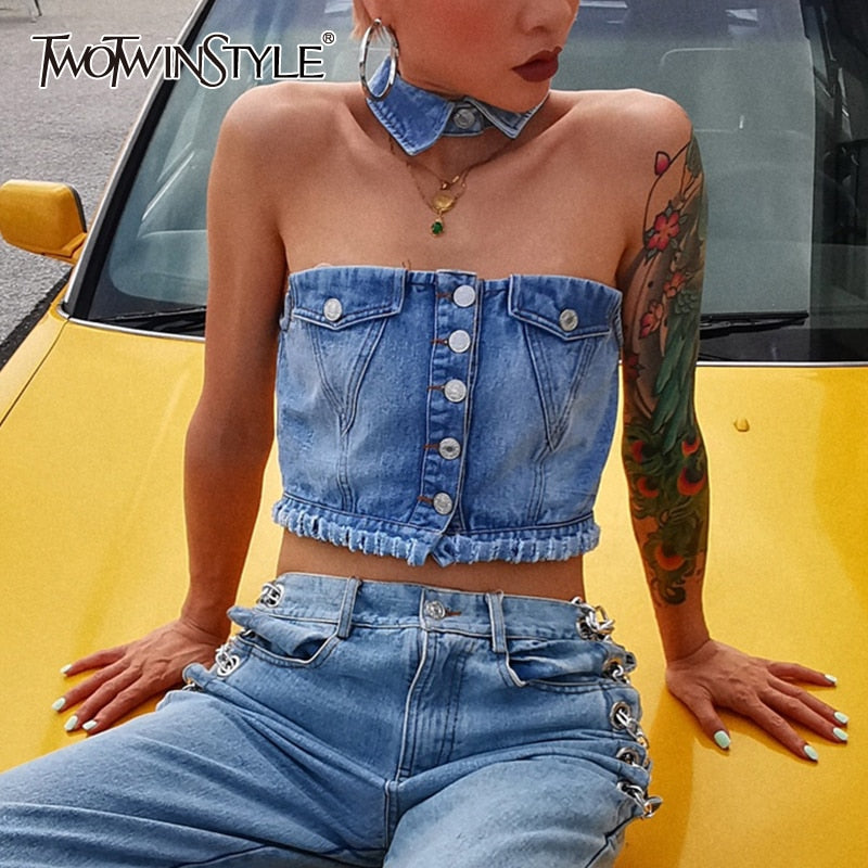 TWOTWINSTYLE Sexy Denim Women Shirt Halter Collar Sleeveless Hollow Out Hit Color Blouses For Female Fashion Clothes 2020 Tide