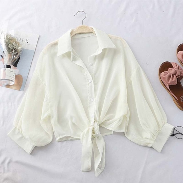 Lantern Sleeve Chiffon Shirts Women Transparent Beach Shawl Shirt Top Tied Waist Elegant Women Blouses Cropped