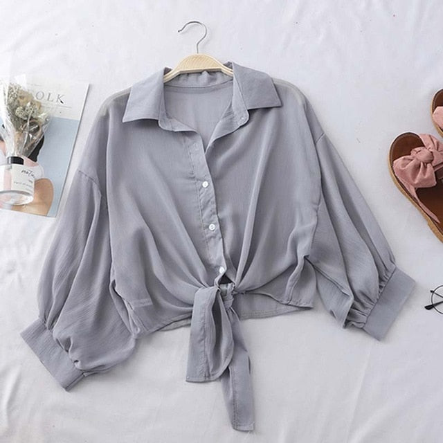 Lantern Sleeve Chiffon Shirts Women Transparent Beach Shawl Shirt Top Tied Waist Elegant Women Blouses Cropped