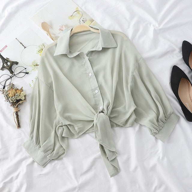 Lantern Sleeve Chiffon Shirts Women Transparent Beach Shawl Shirt Top Tied Waist Elegant Women Blouses Cropped