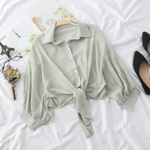 Lantern Sleeve Chiffon Shirts Women Transparent Beach Shawl Shirt Top Tied Waist Elegant Women Blouses Cropped