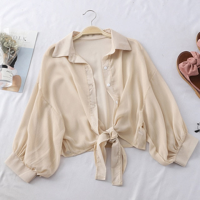 Lantern Sleeve Chiffon Shirts Women Transparent Beach Shawl Shirt Top Tied Waist Elegant Women Blouses Cropped