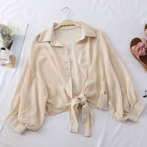 Lantern Sleeve Chiffon Shirts Women Transparent Beach Shawl Shirt Top Tied Waist Elegant Women Blouses Cropped