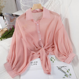 Lantern Sleeve Chiffon Shirts Women Transparent Beach Shawl Shirt Top Tied Waist Elegant Women Blouses Cropped