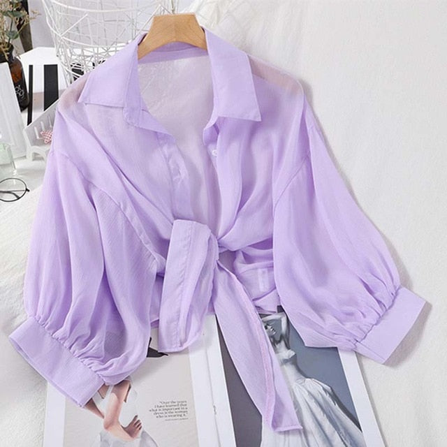Lantern Sleeve Chiffon Shirts Women Transparent Beach Shawl Shirt Top Tied Waist Elegant Women Blouses Cropped