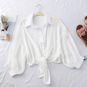 Lantern Sleeve Chiffon Shirts Women Transparent Beach Shawl Shirt Top Tied Waist Elegant Women Blouses Cropped