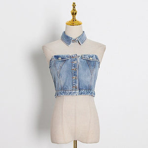TWOTWINSTYLE Sexy Denim Women Shirt Halter Collar Sleeveless Hollow Out Hit Color Blouses For Female Fashion Clothes 2020 Tide