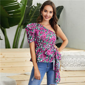 SHEIN Multicolor One Shoulder Puff Sleeve Belted Floral Top Peplum Blouse Women 2020 Summer Ladies Boho Tops and Blouses